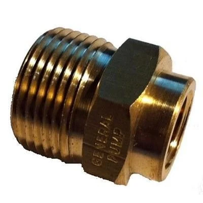 PressurePro M22 14MM Male to 1/4in Female NPT Brass, close-up of brass fitting with male threading and female end for hose connection.