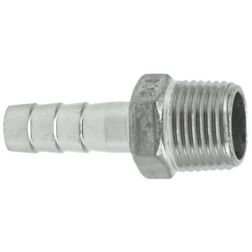 ProTool Hose Barb SS 1/4in MPT to 3/8in Barb10mm, stainless steel hose barb fitting with male threaded end and barbed connector for secure hose attachment.