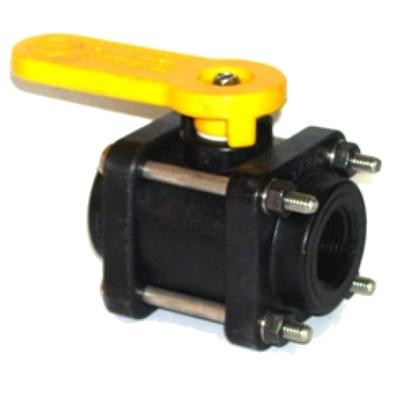 ProTool Valve 2-way 3/4in Banjo Ball Valve, black valve with a yellow handle and metal threaded fittings.
