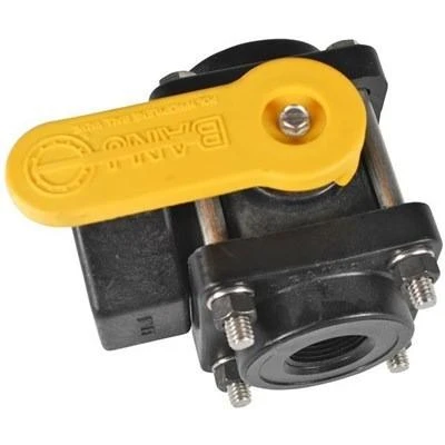 ProTool Valve 3-way 3/4in Banjo Ball Valve, black and yellow industrial valve with metal fittings and handle for fluid control.