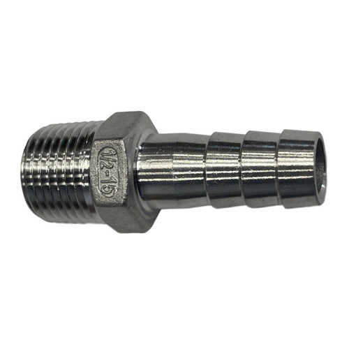 ProTool Hose Barb SS 1/2in to 1/2in MNPT 14mm, stainless steel hose barb fitting with male threaded end for secure connection to hoses and fittings.