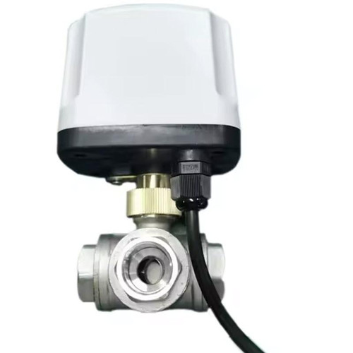 ProTool Valve 3 Way 12v Ball Valve 1/2in SS, metallic ball valve with electrical actuator for controlling fluid flow.