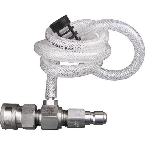 PressurePro Chemical Injector 5000 psi, coiled clear hose with metal fittings and injector nozzle for chemical injection.