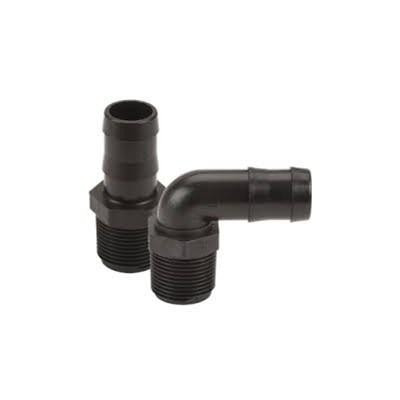 ProTool Hose Barb 90deg 3/4in M Thread x 1/2in, black plastic elbow fitting for garden hoses or plumbing connections.