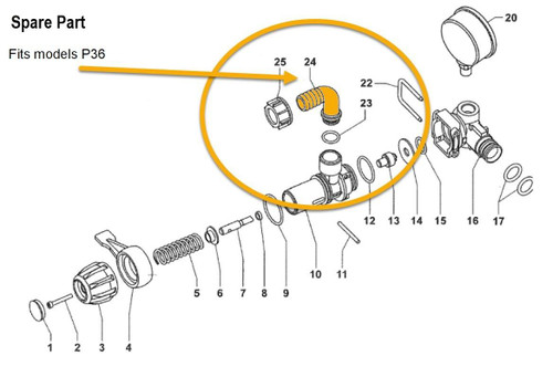 J.Racenstein Comet P36 Elbow 44 G3/4, technical diagram showing the elbow fitting for model P36 with detailed parts and connections.