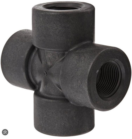 J.Racenstein Cross 3/4in Poly, black plastic pipe fitting with four openings for connecting pipes in plumbing systems.