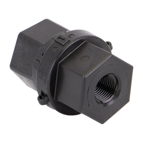 ProTool Check Valve 1in Banjo, black industrial check valve with threaded connections for fluid control.