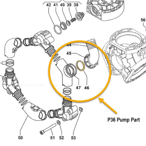 J.Racenstein Comet ORing Viton 2.62 x 13.10, depicted as a part of a detailed technical diagram of a P36 pump, showing the O-ring's placement within the pump assembly.