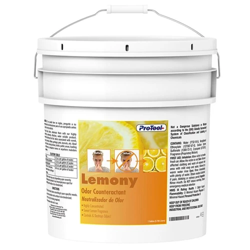 ProTool Lemony, white bucket of odor counteractant with lemon graphic and label showing before and after use images.