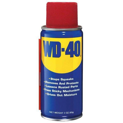 J.Racenstein WD40 3oz, spray can of WD-40 lubricant with red nozzle for rust prevention and squeak stopping.