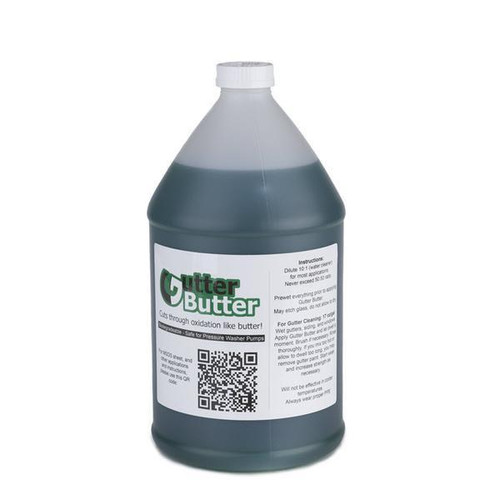 J.Racenstein Gutter Butter Gutter Cleaning Detergent, a large grey plastic bottle with a white cap and label showing product name and instructions.