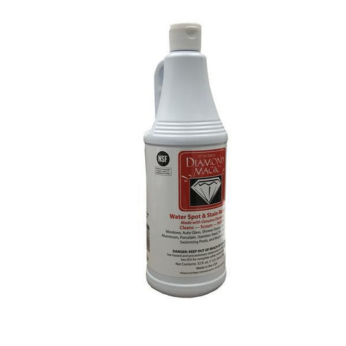 J.Racenstein Diamond Magic Hard Water Stain Remover - Surface Restorer, white bottle with red label and diamond logo, for removing hard water stains and restoring surfaces.