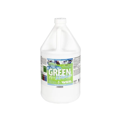 J.Racenstein Green Wash, a large white plastic bottle of eco-friendly cleaning product with a colorful label.