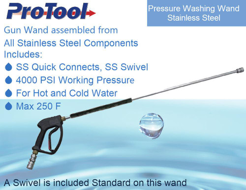 ProTool Gun with 36in SS Lance, SS Quick Connects and SS Swivel, stainless steel pressure washing gun with long lance and quick connect fittings.