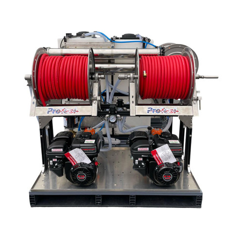 ProTool Dual User Pure Water and Soft Wash Skid | BPX 25, industrial cleaning equipment with two large red hoses, dual gasoline engines, and stainless steel frame for high-pressure cleaning and water purification.