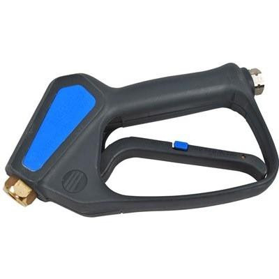 J.Racenstein Trigger Gun 5000psi 300deg 12gpm, black and blue trigger gun with a brass connector and ergonomic handle for high-pressure cleaning.