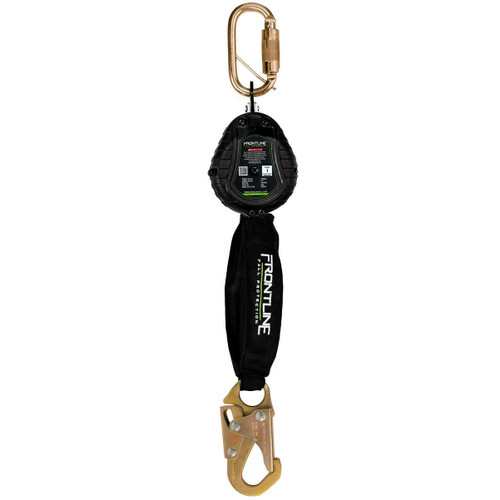 J.Racenstein Lanyard 6ft Self Retracting Lifeline, black and gold safety fall protection device with a carabiner and retractable lifeline.