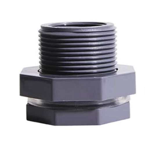 J.Racenstein Bulkhead Fitting 1in FNPT PVC w/Valve, PVC bulkhead fitting with valve and 1-inch female national pipe thread, suitable for plumbing and fluid transfer applications.