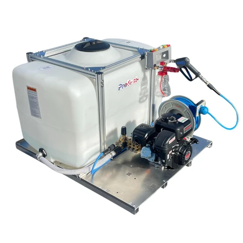 ProTool Auto Detailing Skid, portable automatic car wash system with a large water tank, pressure washer, hoses, and spray gun.