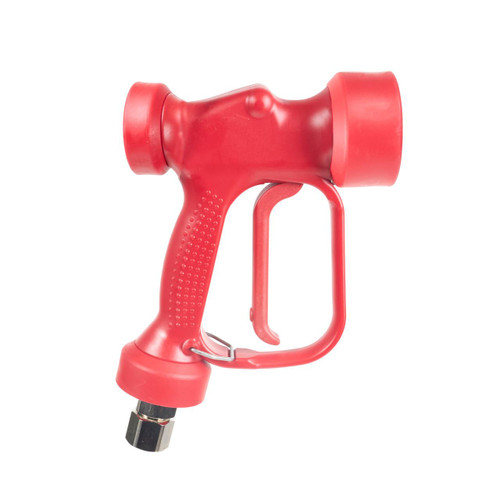 ProTool Wash Down Soft Wash Gun, red soft wash gun with ergonomic handle and trigger for pressure washing and cleaning tasks.