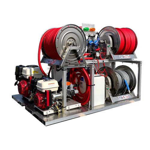 ProTool Pressure Washing Soft Wash Compact Van Skid, stainless steel van-mounted soft wash system with gas-powered pumps, chemical tank, pressure gauges, and multiple red and gray hose reels