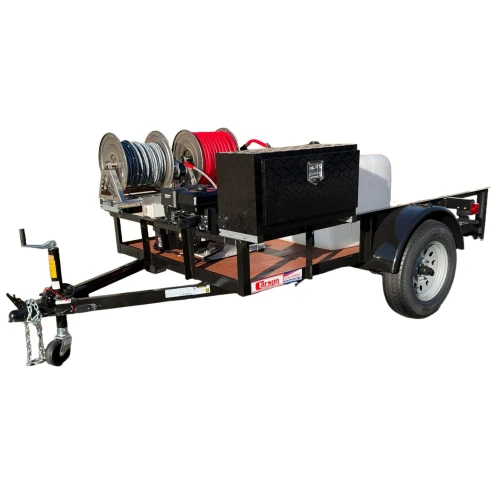 ProTool Utility Pressure Washing Trailer, black single-axle trailer equipped with a pressure washer, water tank, hose reels, and storage toolbox