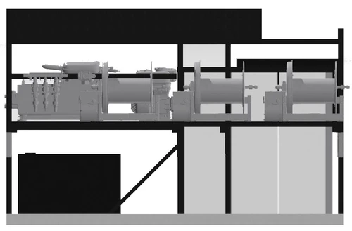 ProTool 8ft Truck Pressure Washing Skid V-Spec, side-view rendering of a truck-mounted pressure washing skid with pump equipment, tanks, and a heavy-duty support frame.