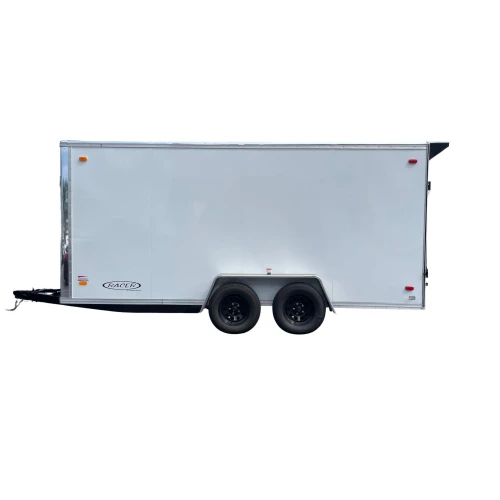ProTool Cheap Shot Enclosed Drone Cleaning Trailer, side view of a white enclosed dual-axle trailer with black wheels and a front hitch on a white background.