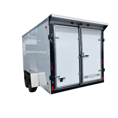 ProTool Cheap Shot Enclosed Drone Cleaning Trailer, white enclosed tandem-axle trailer with rear double doors and metal latches