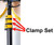 ProTool Clamp Set for ProTool Double Head Kit, yellow and black clamp set attached to a black tool pole, highlighting adjustable clamps used for securing and holding workpieces.