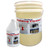 J.Racenstein ProTool Red Building Cleaner, large yellow bucket and smaller white container of building cleaning solution for removing oxidation from siding.