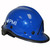 J.Racenstein PMI Advantage Helmet Blue, safety helmet with a glossy blue finish and black trim, featuring adjustable straps and ventilation holes.