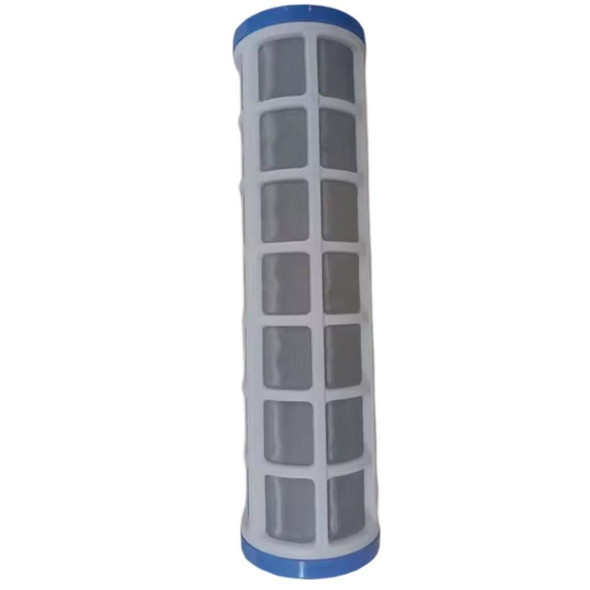 J.Racenstein Mesh Screen Pre-Filter 10in SS 40 Micron, cylindrical white and blue filter with mesh openings for water filtration.