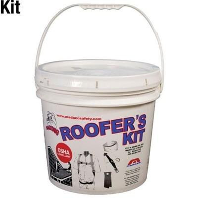 J.Racenstein Roof Cleaning Safety 50ft Kit, safety kit in white bucket with handle and label showing roof cleaning safety equipment and tools.
