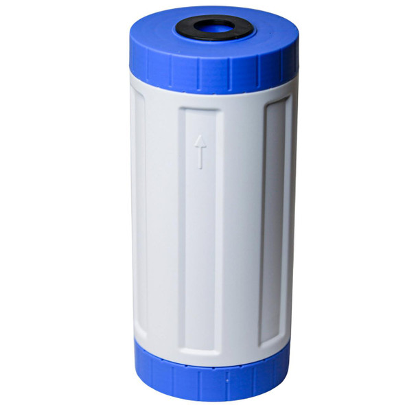 ProTool DI Cartridge Empty 4.5in x 10in, a cylindrical container with blue cap and white body used for water filtration systems.