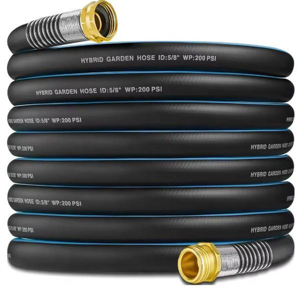 J.Racenstein Garden Hose 150 ft x 5/8in Heavy Duty, coiled garden hose with brass fittings and durable construction.