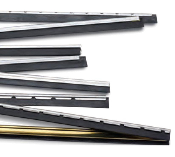 Pulex Channel, various black and silver linear channels with some gold accents, used for sealing or drainage in construction or industrial applications.