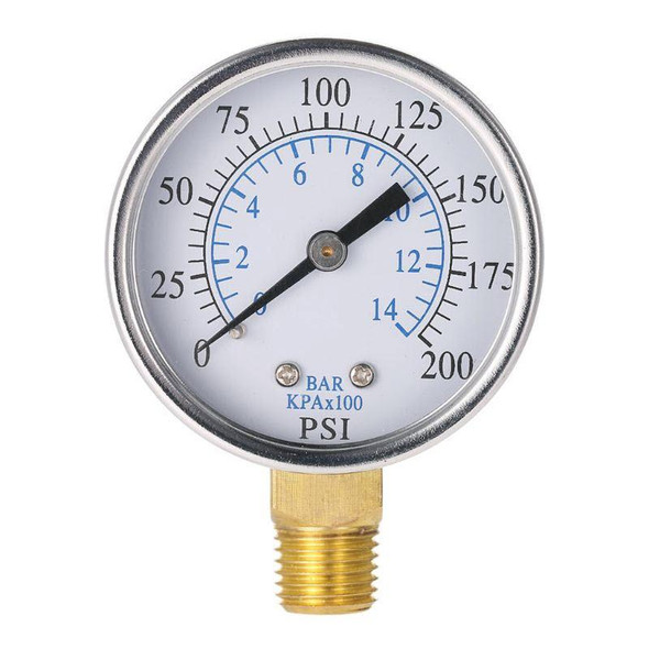 ProTool Pressure Gauge 200psi Max, close-up image of a pressure gauge with a white dial displaying pressure readings in PSI and Bar, black needle pointing to 20 PSI, brass fitting at the bottom.