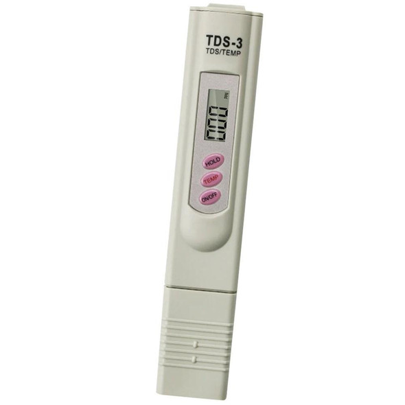 J.Racenstein TDS Meter Handheld TDS-3, digital device for measuring total dissolved solids in water, with display screen and pink buttons labeled Hold, Temp, and On/Off.