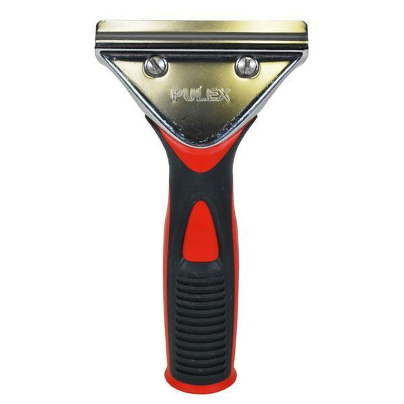 Pulex Technolite Stainless Steel Squeegee Handle, close-up view of the ergonomic black and red handle with stainless steel blade holder.