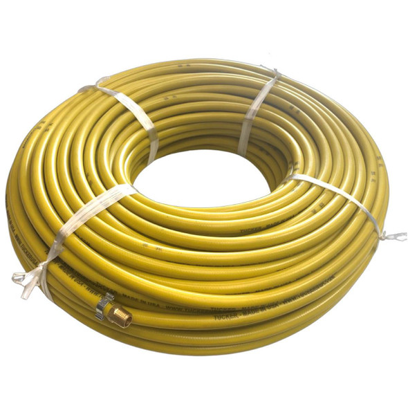 J.Racenstein Operator Hose 1/4in Water Fed Delivery 250ft Yellow Rubber, coiled yellow water hose with connectors for water delivery.