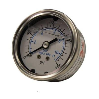 J.Racenstein H2Pro Pressure Gauge, close-up view of a round pressure gauge with black and blue markings and a needle indicating pressure levels.