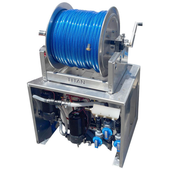 ProTool Soft Wash Metering System Reel Stand, stainless steel reel with blue hose mounted on a metal frame with control valves and hydraulic components.