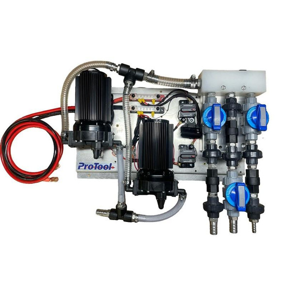 ProTool Soft Wash Metering Plates, industrial water spraying equipment with multiple valves and hoses for soft washing applications.