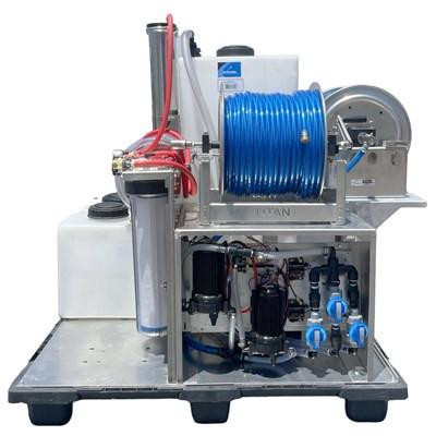 ProTool Softwash Sprayer, Pure Water, Water Fed Skid with two delivery reels, industrial pressure washing equipment with hoses and controls.