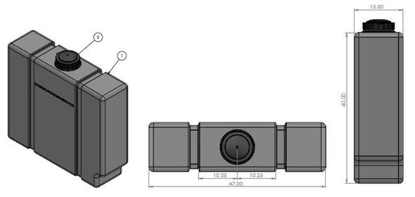 J.Racenstein Slim Line 100 Gallon Water Tank Water Dragon, gray rectangular water storage tank with black cap and measurements for installation.
