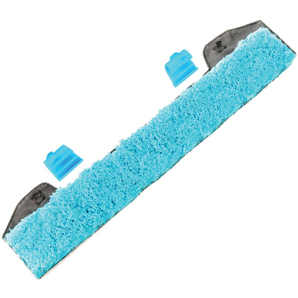 Moerman F*LIQ clip on washer strip, blue microfiber cleaning strip with black clip and blue attachment clips.