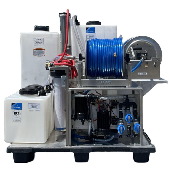 ProTool Softwash Sprayer, Tank Based Pure Water, 2 Delivery reels, industrial cleaning equipment with water tank, hoses, and pumps.