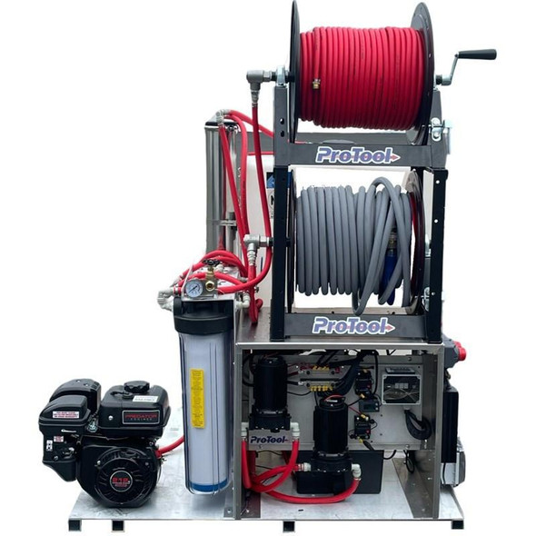 ProTool Solar and Water Fed Pure Water Skid, industrial cleaning equipment with hoses, filters, and a water pump system.