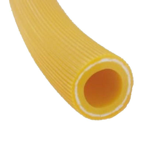 ProTool 3/8in 300ft 800PSI Yellow Spray Hose, coiled yellow hose with a smooth surface and sturdy construction for spraying applications.